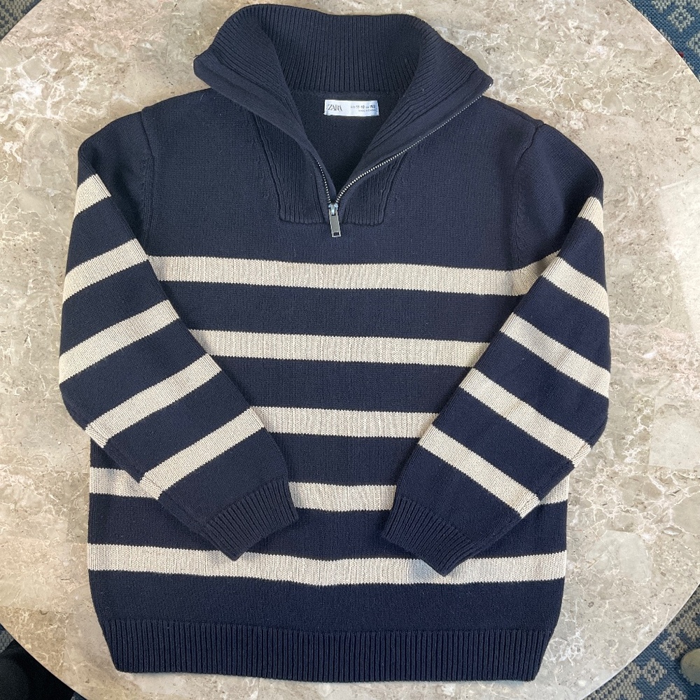 Zara Navy Knit Striped Sweater with Zippered Collar Size 11-12
